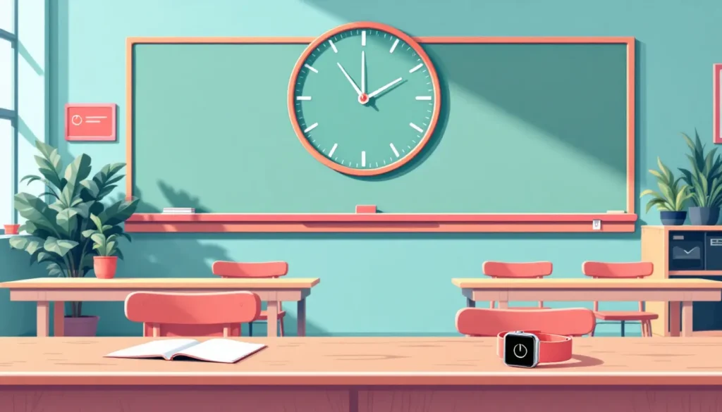 5 Practical Tips for How to Focus with ADHD as an ND Teacher 5 Classroom scene with a large wall clock, a desk card displaying a clock icon for timekeeping, and a smartwatch on a teacher’s desk gently vibrating. Tips for how to focus with adhd.