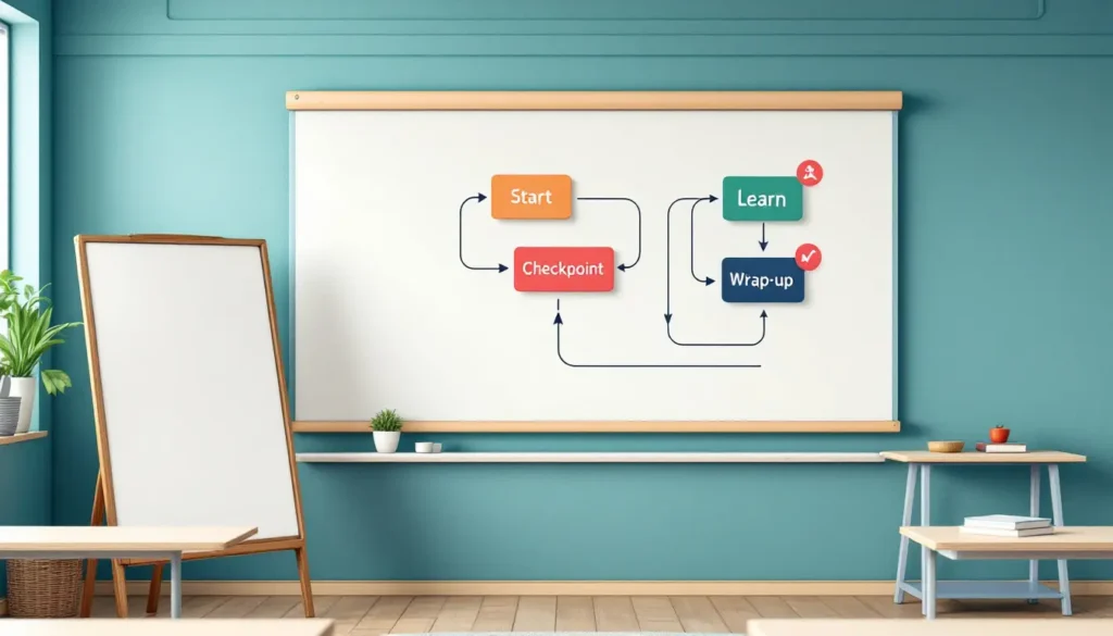 5 Practical Tips for How to Focus with ADHD as an ND Teacher 4 Classroom wall with a simple visual flowchart showing lesson checkpoints—Start, Learn, Checkpoint, Wrap-up—hanging beside a whiteboard.