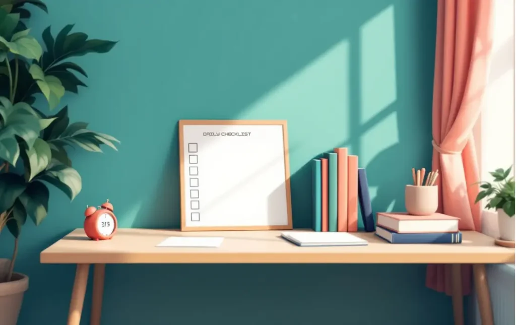 5 Practical Tips for How to Focus with ADHD as an ND Teacher 3 Classroom reading nook set up for independent work, with a desk featuring a visual checklist, books, and a small digital timer, shows how to focus with adhd
