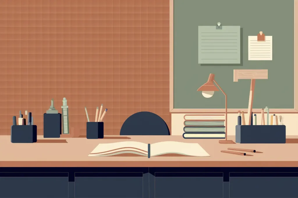 teacher noise sensitivity, desk with open book, cork board, navy blue chair
