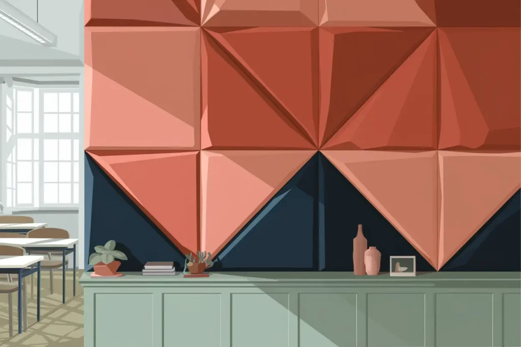 A vector-based illustration of a modern classroom with a wall made of acoustic panels in a geometric mix of salmon, terra cotta, and deep navy tones. 
