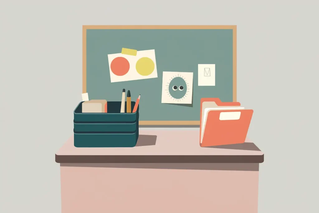 teacher noise sensitivity, decluttering an area for calmer feeling, a desk with a folder, pencil container, and chalk board

