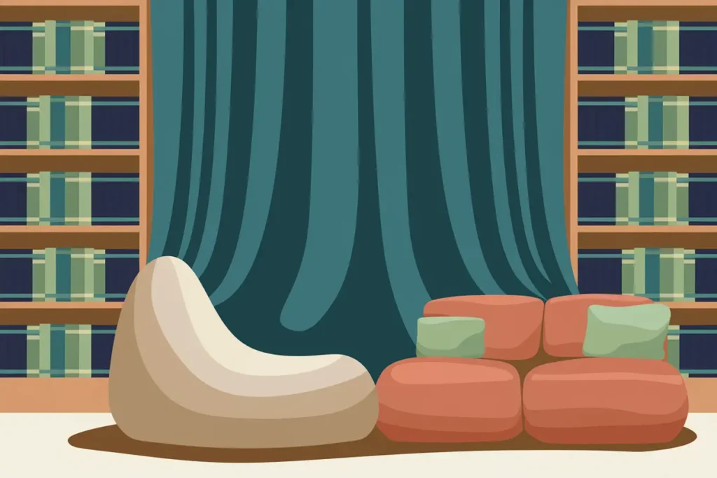 teacher noise sensitivity, A modern flat, vector-based illustration of a cozy reading corner in a classroom. There's a soft beige bean bag, terra cotta and salmon-toned cushions, and bookshelves filled with neatly arranged deep navy and sage-colored books. 
