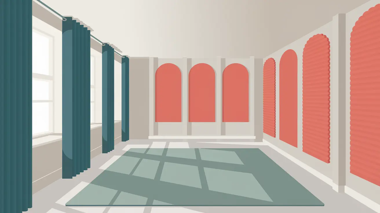 teacher sound sensitivity, A vector-based illustration of a serene modern flat with a minimalist design. The room has deep teal curtains, soft beige walls, and a large sage green rug covering most of the floor. Terra cotta acoustic panels add visual interest on one side, while coral-colored fabric-wrapped bulletin boards soften the walls.
