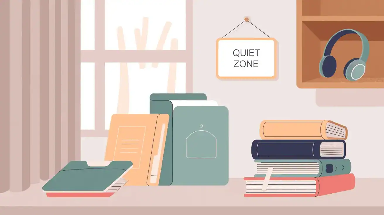 calm classroom for adult sensory processing disorder illustration with natural light, desk by window with books, sign says quiet zone