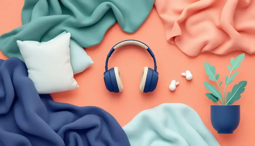 7 Truths of Teaching with Adult Sensory Processing Disorder 4 soft blankets in navy, teal, headphones, ear plugs, as coping methods for adults with sensory processing disorder in the workplace