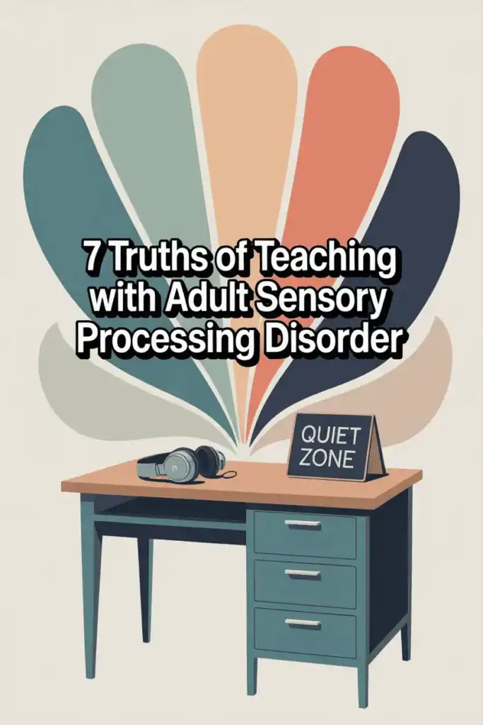 7 Truths of Teaching with Adult Sensory Processing Disorder 6 bright colors in upright strokes over desk, text says seven truths of teaching with sensory processing disorder
