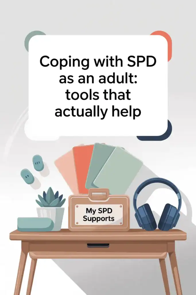 7 Truths of Teaching with Adult Sensory Processing Disorder 7 wooden desk against white wall with blue headphones, text says coping with spd as an adult, tools that actually help, desk sign reads my spd supports