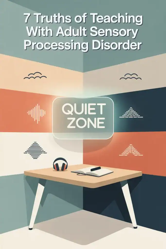 7 Truths of Teaching with Adult Sensory Processing Disorder 8 quiet zone illustration, corner desk, title says seven truths of teaching with adult sensory processing disorder