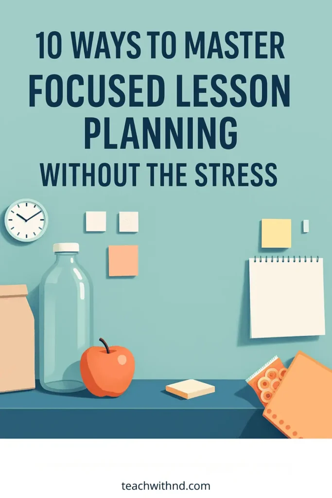 10 Ways to Master Focused Lesson Planning Without the Stress 9 turquoise background workspace, shelf with water bottle, sticky notes, apple, title reads 10 ways to master focused lesson planning without the stress