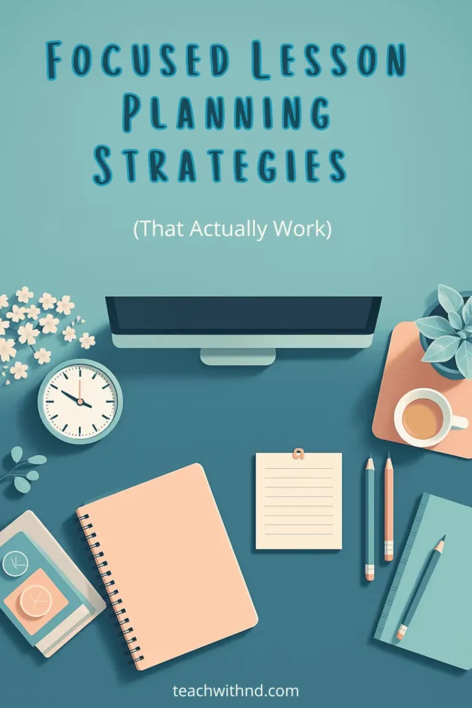10 Ways to Master Focused Lesson Planning Without the Stress 7 teal desk workspace with white flowers, succulent plant, timer, planners, pencils, title reads focused lesson planning strategies that actually work