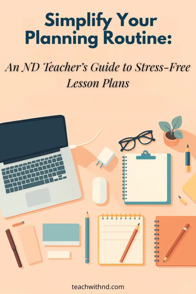10 Ways to Master Focused Lesson Planning Without the Stress 8 orange background workspace with laptop, charger, glasses, plant, notebooks, title reads simplify your planning routine, an nd teacher's guide to stress-free lesson plans
