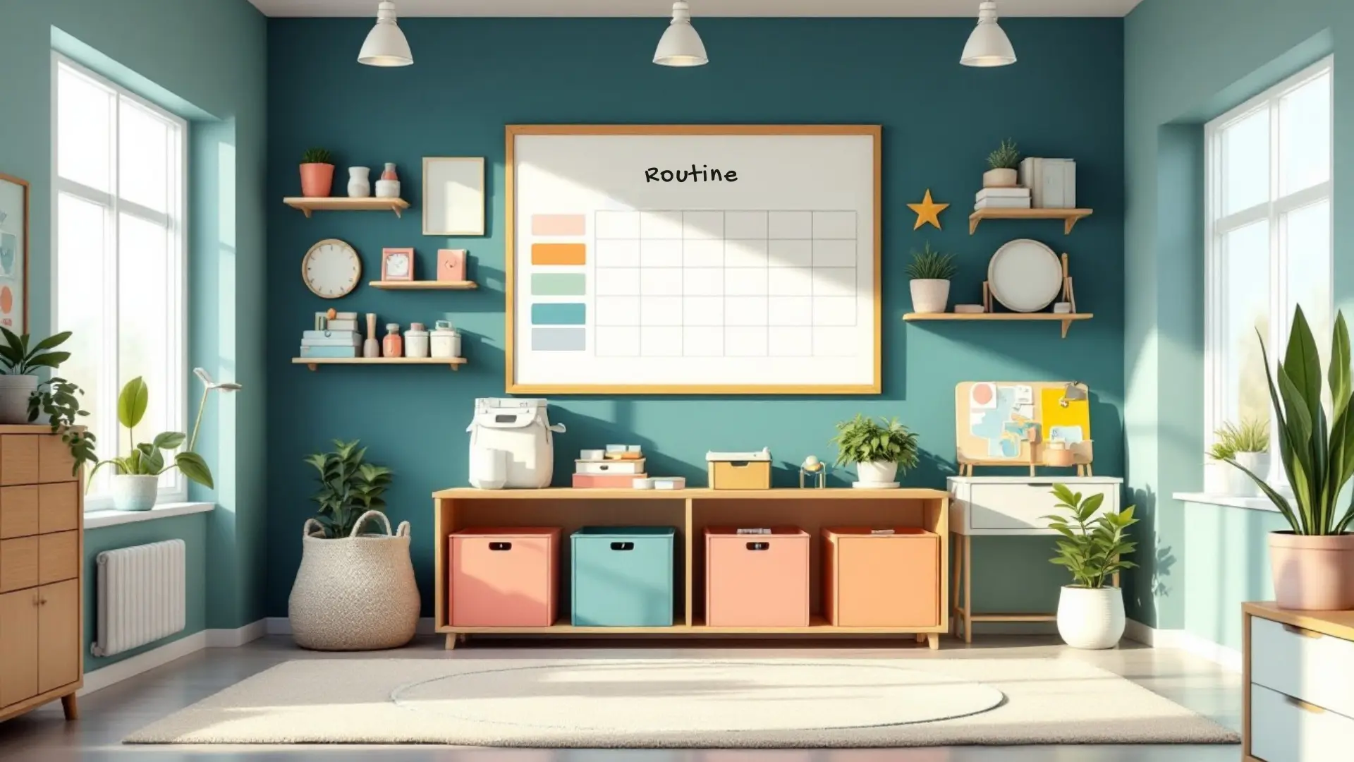 Bright, modern classroom with organized storage shelves, a visible routine chart, several sensory tools, and calming decorative elements.