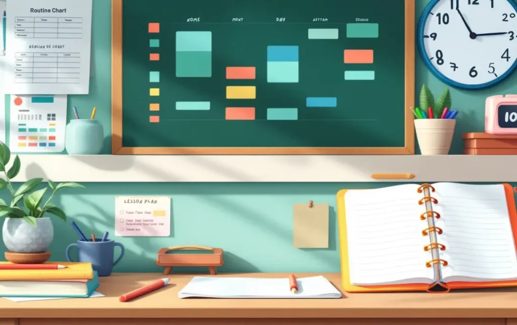5 Top Ideas for Managing Daily Challenges ADHD Teachers Face 3 Teacher’s desk with a colorful routine chart, a digital timer, and an open lesson plan notebook as ways for managing daily challenges adhd teachers face.