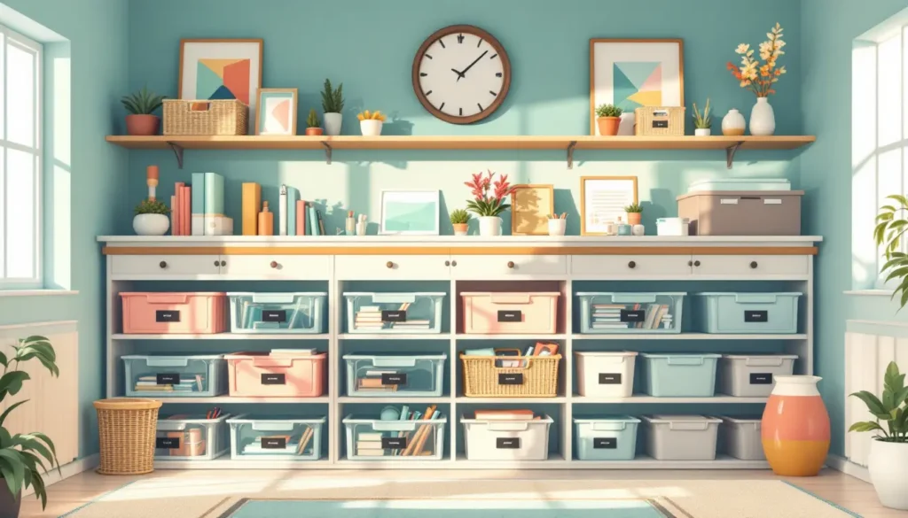 5 Top Ideas for Managing Daily Challenges ADHD Teachers Face 5 Cozy, decluttered classroom storage area with clear organizing bins and labels on shelves.