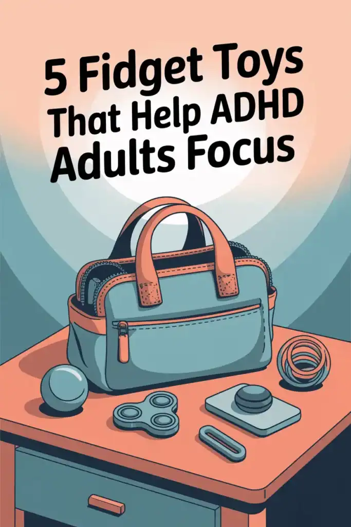 5 Focus-Boosting Fidgets and Tips for ADHD Adults 7 teal and peach setting with bag on desk next to fidget toys for adults, title is five fidget toys that help adhd adults focus