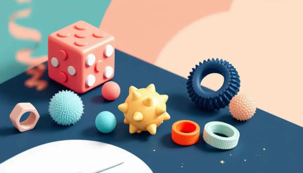 5 Focus-Boosting Fidgets and Tips for ADHD Adults 5 A Helpful Tool for Adults with ADHD – Collection of fidget toys (cube, spinner, textured balls, sensory rings) arranged neatly on a simple desk.