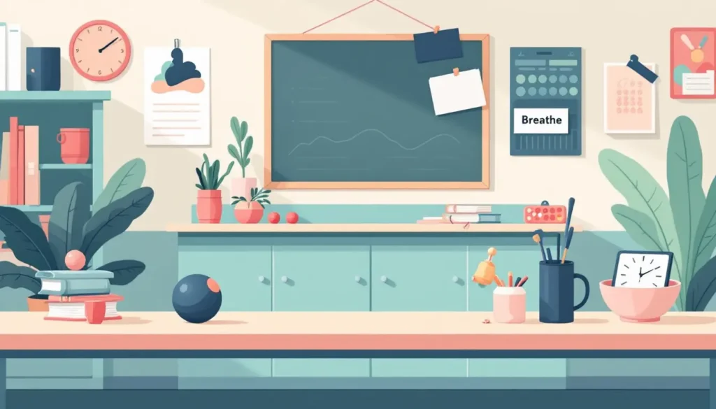 5 Top Ideas for Managing Daily Challenges ADHD Teachers Face 4 Classroom mindfulness station featuring a desk with a stress ball, fidget tools, and a card that reads “Breathe.”