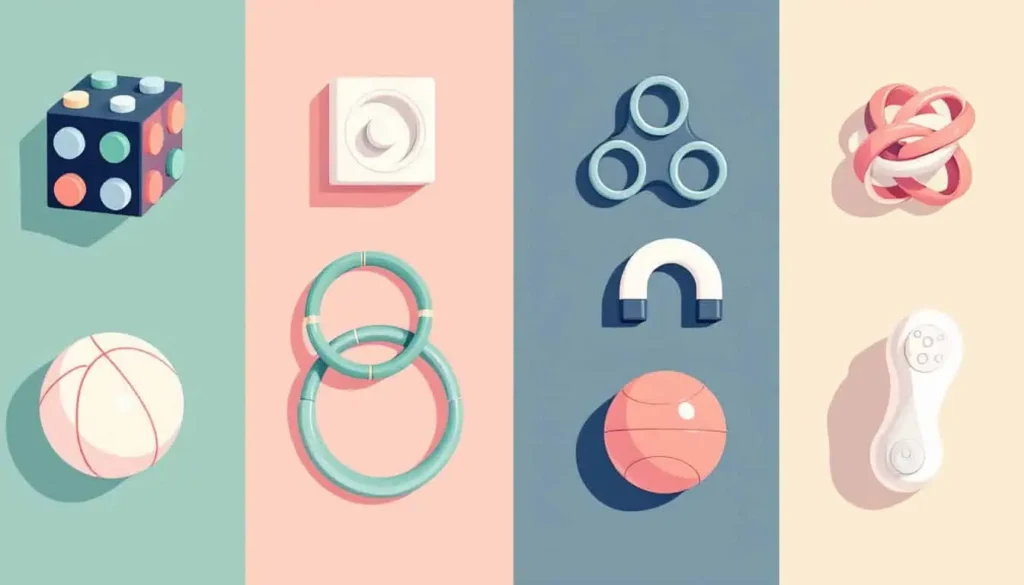 5 Focus-Boosting Fidgets and Tips for ADHD Adults 4 Assortment of fidget toys (tactile cube, spinner ring, tangle toy, magnetic fidget, stress ball) side by side in a neat, modern product layout.
