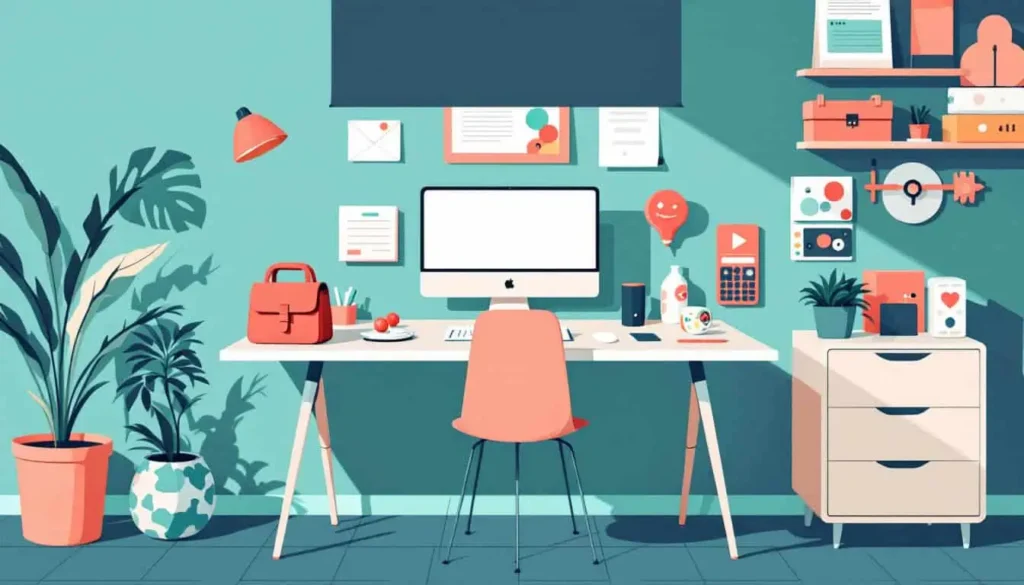 5 Focus-Boosting Fidgets and Tips for ADHD Adults 6 Incorporating Fidget Toys into Daily Life – Workspace scene with desk, bag, and nightstand, each with a different fidget toy placed neatly.