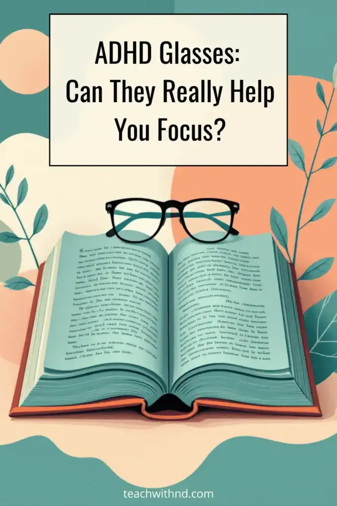 7 Top Benefits of ADHD Glasses You Should Know 5 reading glasses on open book, green and peach background, title says adhd glasses, can they really help you focus?