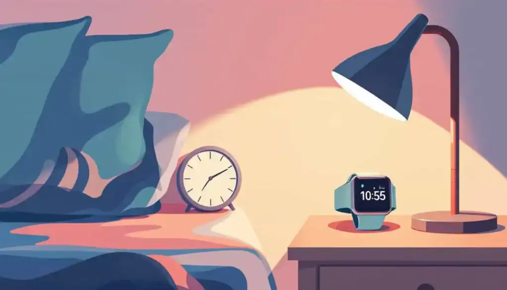 7 Apple Watch ADHD Tools for Time and Task Support 5 Apple Watch on a nightstand beside a bed, suggesting sleep and bedtime reminders.