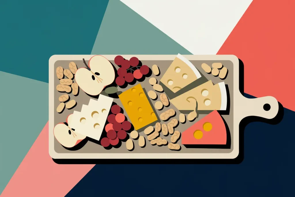 easy adhd lunch ideas adults, close up of charcuterie board with cheese, nuts, berries, and apples sliced in half