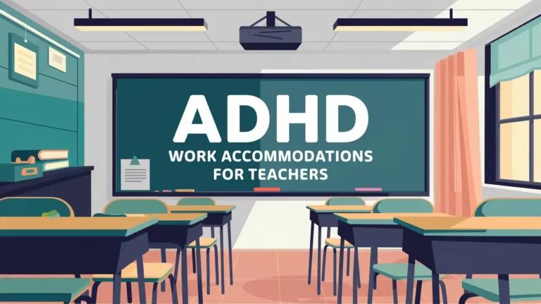 classroom with student desks and blackboard with message adhd work accommodations for teachers