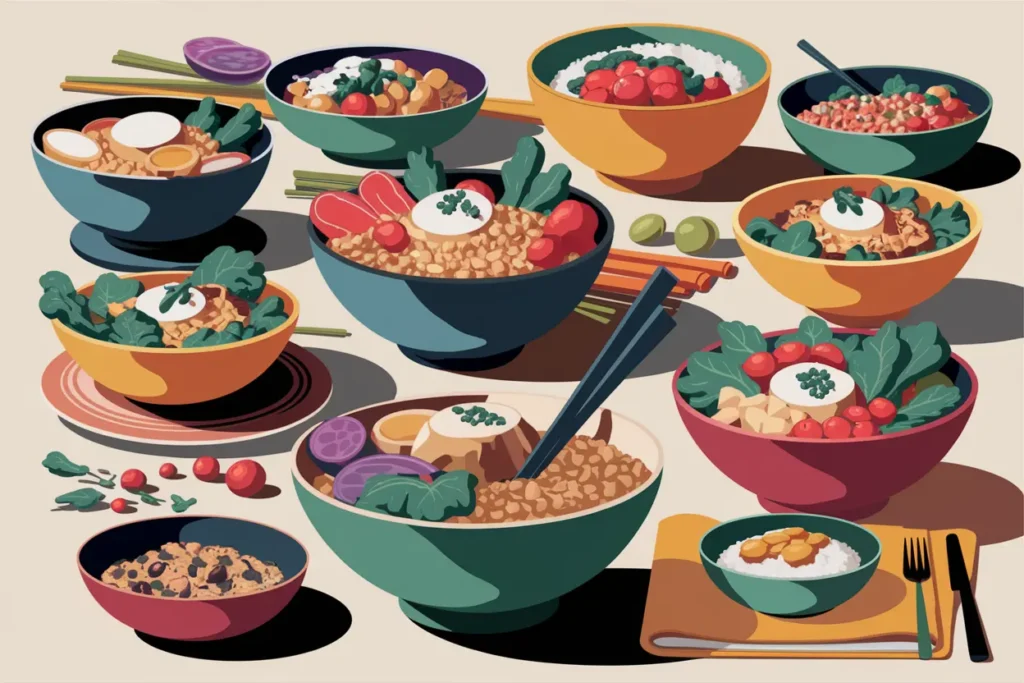 easy adhd lunch ideas adults, colorful bowls full of grains and dips, mixed vegetables