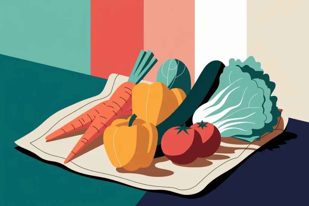 easy adhd lunch ideas adults, colorful variety of vegetables with carrots, yellow peppers, a cucumber, bok choy, and tomatoes