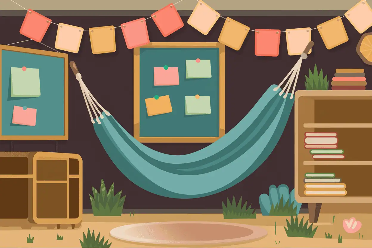 17 Smart Ideas for ADHD Accommodations at Work 10 classroom sensory corner with hammock representing adhd calming routines