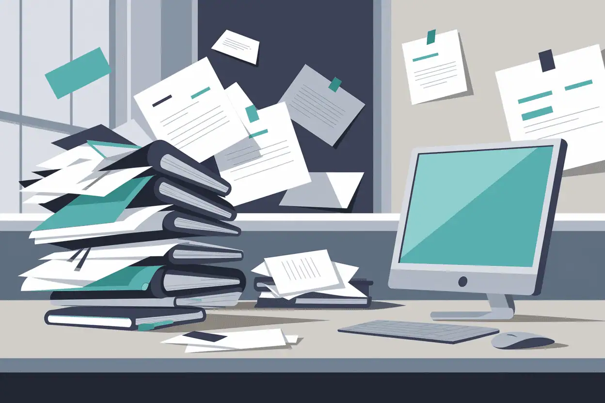 17 Smart Ideas for ADHD Accommodations at Work 12 a grey desk with navy blue and teal piles of paper and binders with a teal monitor representing needing adhd accommodations