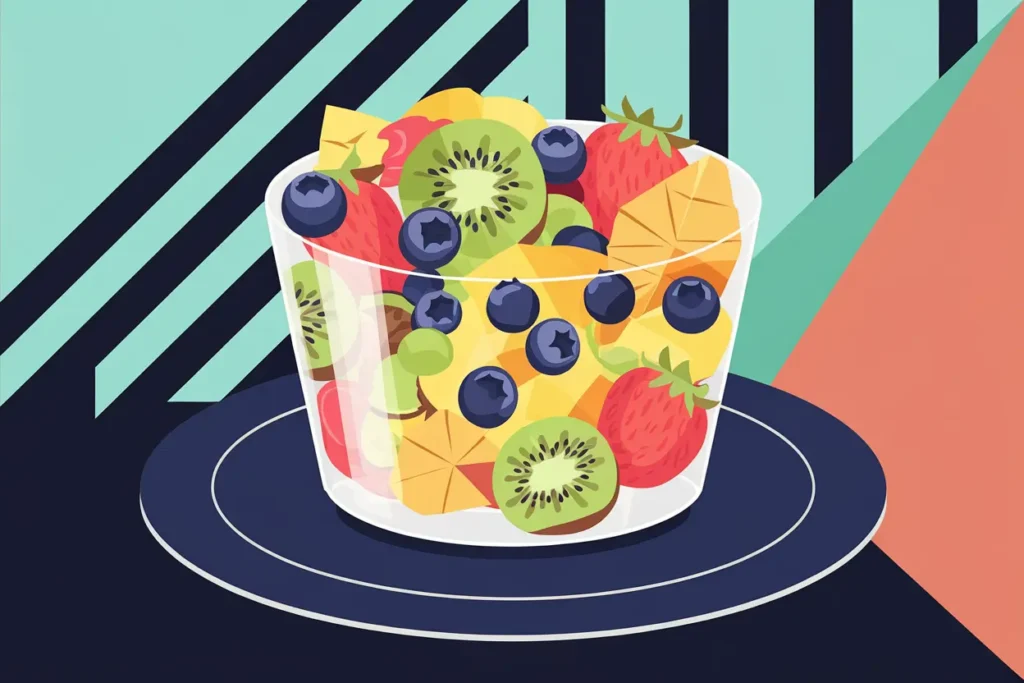 easy adhd lunch ideas adults, colorful cut fruit in clear bowl, oranges, kiwi, blueberries, strawberries