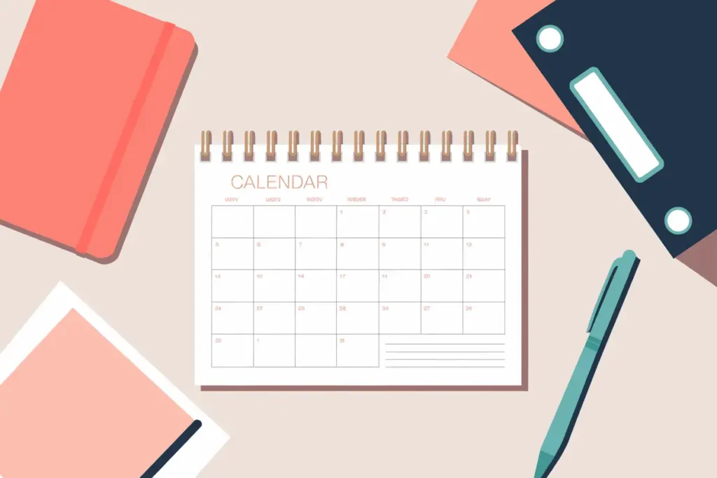 17 Smart Ideas for ADHD Accommodations at Work 6 open calendar on work table with teal pen and coral notepads