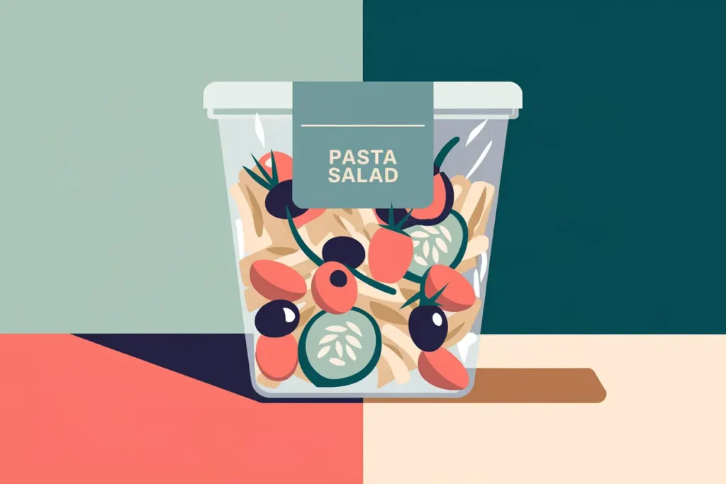 easy adhd lunch ideas adults, pasta salad in clear container with penne noodles, black olives, cherry tomatoes, and sliced cucumbers