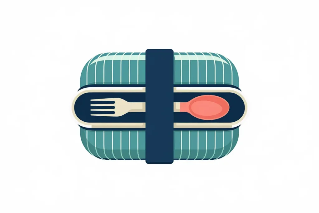 easy adhd lunch ideas adults, teal lunch box with navy closure, double-sided fork and spoon attachment