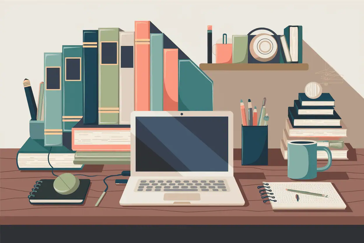 17 Smart Ideas for ADHD Accommodations at Work 14 teacher workspace with desk, laptop, teal mug, books, binders, and a wall shelf
