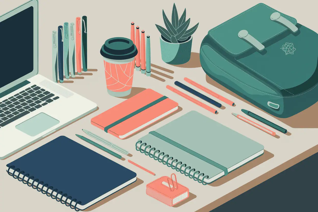 17 Smart Ideas for ADHD Accommodations at Work 4 teacher supplies flat lay with notebooks, notepads, laptop, as organizing tools for adhd