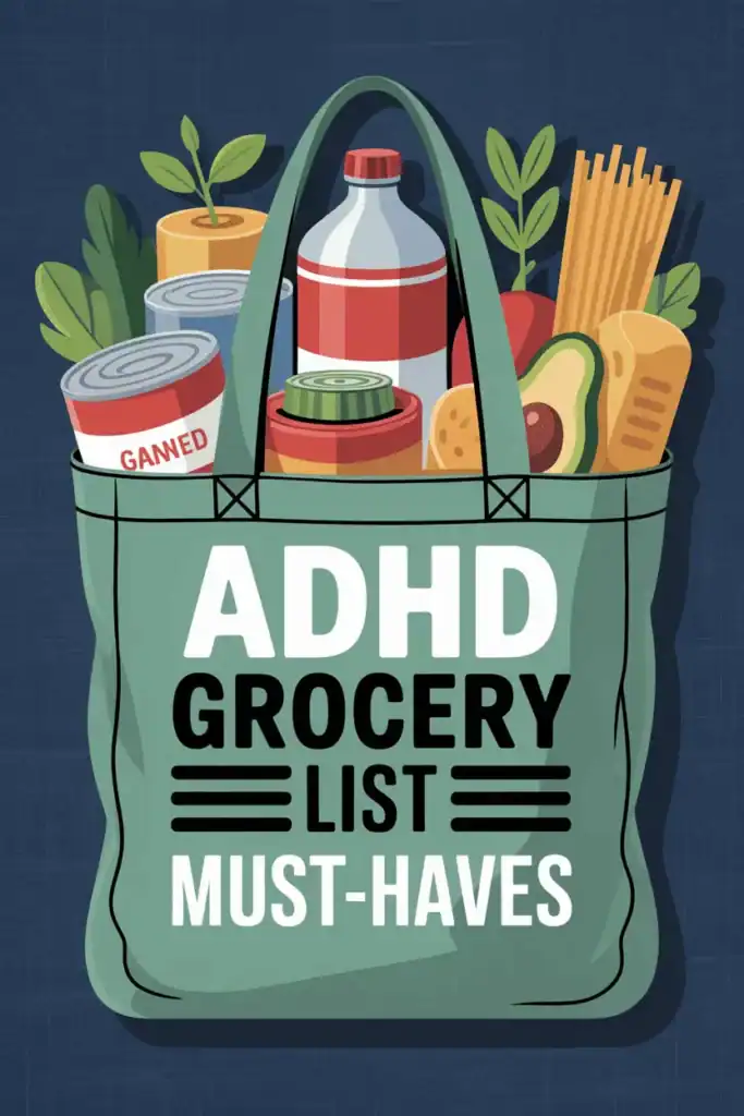 5 Tips for Easy Meals for ADHD Adults (and Simple Recipes!) 11 A clean 2D vector Pinterest pin with the text “ADHD Grocery List Must-Haves” and tote bag, veggies, and snacks — in teal, coral, peach, and navy — people-free.