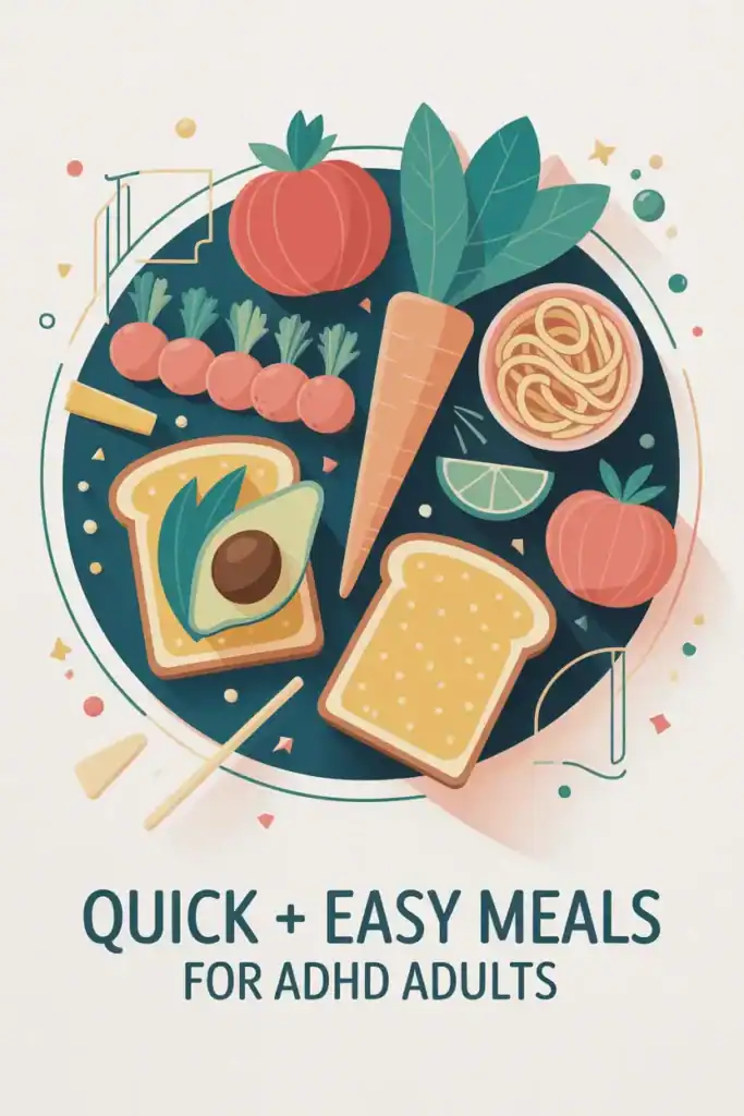 5 Tips for Easy Meals for ADHD Adults (and Simple Recipes!) 10 a pinterest pin with text 5 Simple ADHD Meal Prep Tips That Save Time + Energy” over a 2D modern vector background of kitchen tools in teal, coral, peach, and navy — no people.