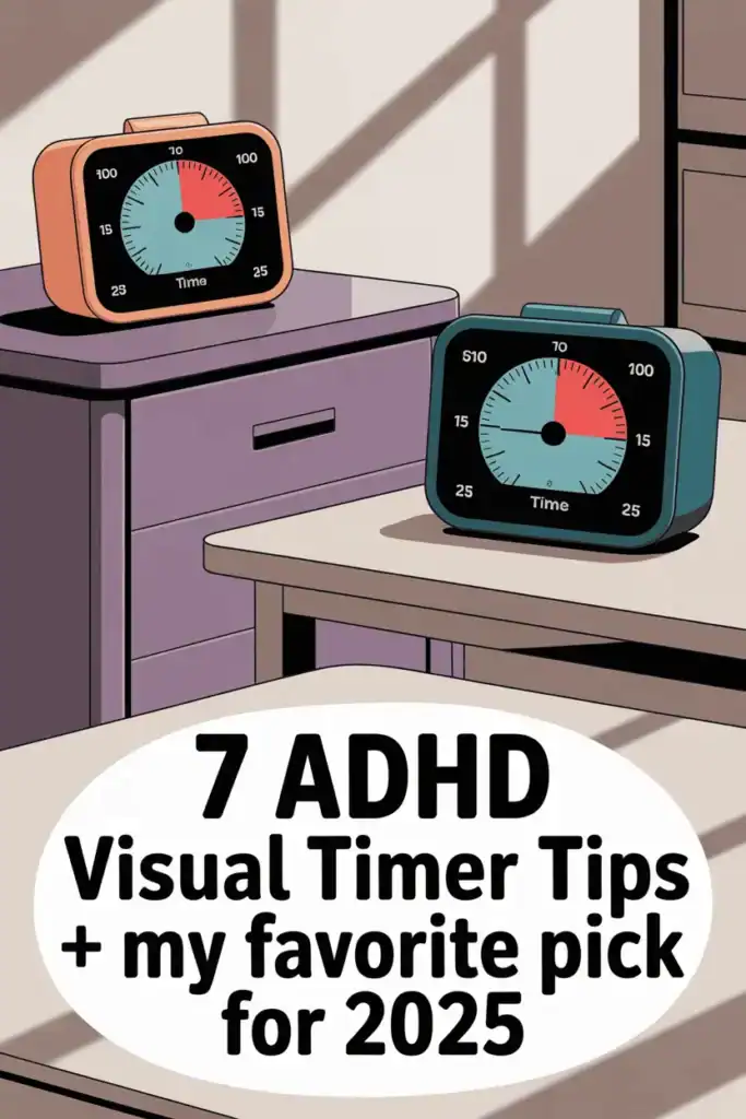 7 ADHD Visual Timer Insights and Best Pick for 2025 9 two visual timers on separate beige and purple tables, title is seven adhd visual timer tips plus my favorite pick for 2025
