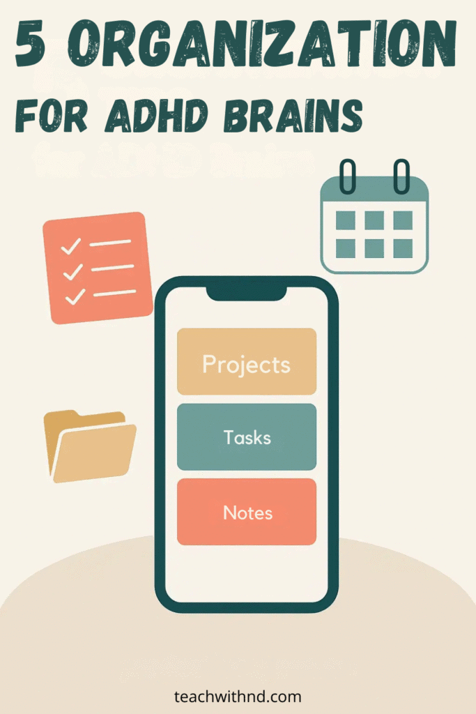 7 Tiimo App Features Neurodivergent Users Will Love 7 mobile app with folder and calendar on beige background, text says organization for adhd brains