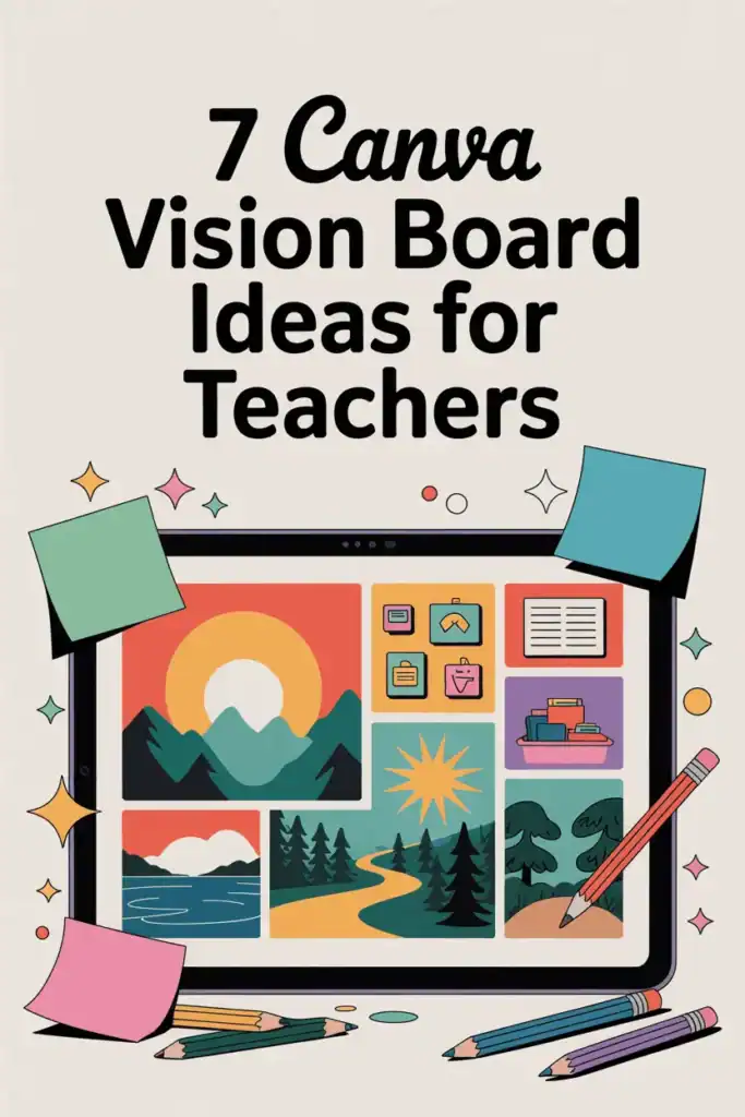 7 Ways Teachers Can Use Canva Vision Boards for Clarity 6 Digital Canva vision board mockup on a tablet with inspirational images and teacher supplies in teal, coral, and navy.