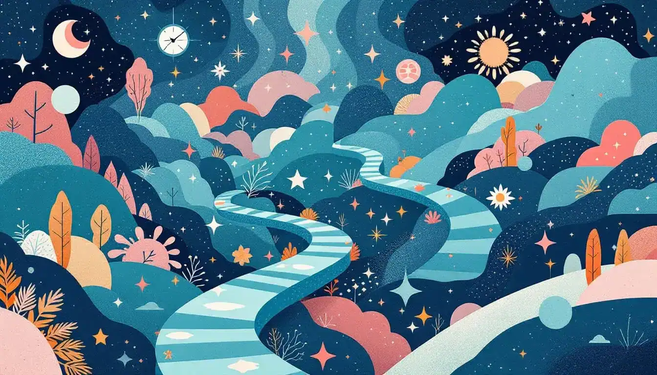 Digital dreamscape vision board with interconnected icons and abstract shapes