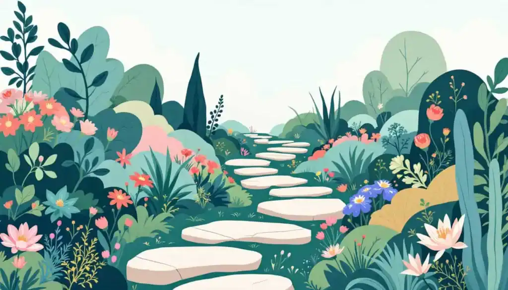 7 Ways Teachers Can Use Canva Vision Boards for Clarity 3 Forked garden stone pathway surrounded by plants and flowers, symbolizing choice and growth, example of Canva vision board