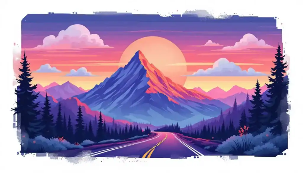 7 Ways Teachers Can Use Canva Vision Boards for Clarity 4 Canva vision board example of mountain sunset with bold colors and a highway, depicted in a collage vision board style.