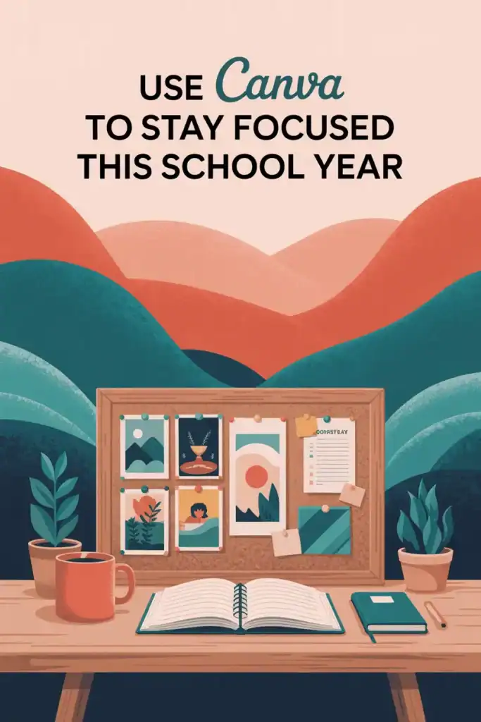 7 Ways Teachers Can Use Canva Vision Boards for Clarity 7 Vision board on corkboard with planner and mug in a cozy teacher workspace, illustrated in teal, coral, and navy.