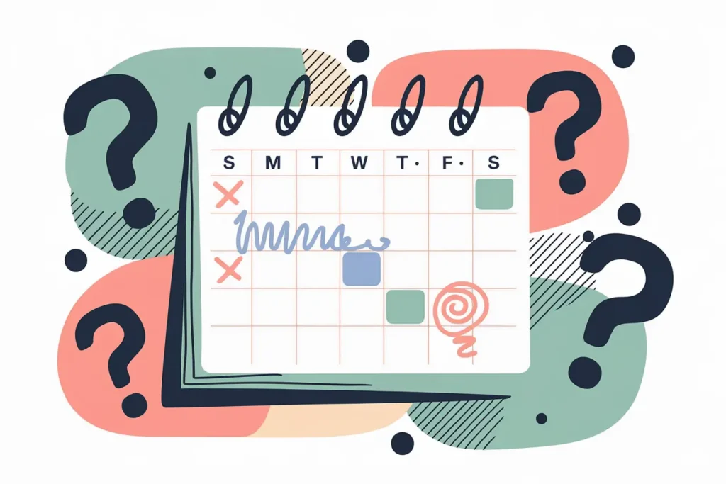 adhd in teachers, basics of neurodivergence in adults, calendar with scribbles and question marks, peach and sage, navy blue accents