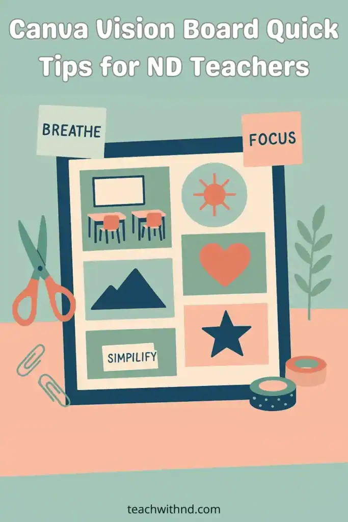 7 Ways Teachers Can Use Canva Vision Boards for Clarity 8 mockup of canva vision board physical collage style with frame, icons, words saying breathe, focus, simplify, title is canva vision board quick tips for nd teachers