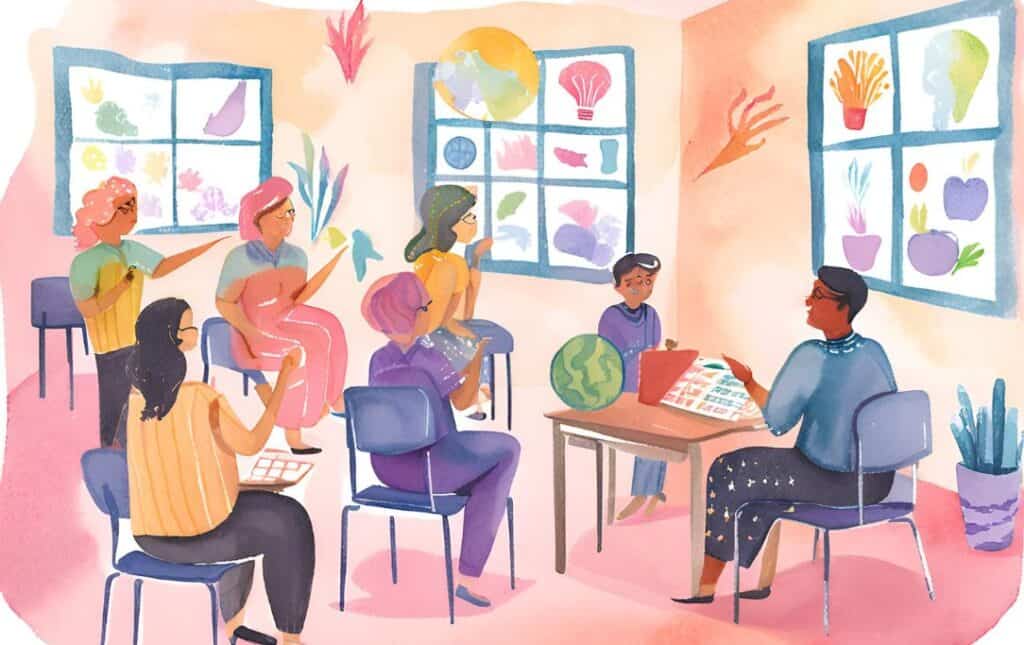 inclusive classroom, six students sitting facing teacher, finding your tribe